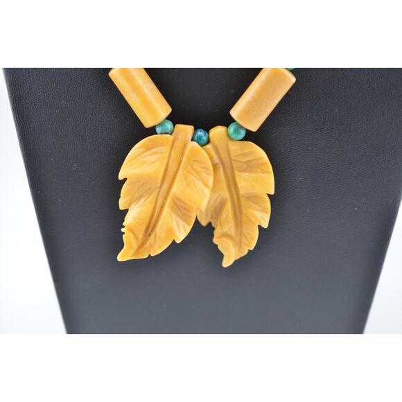 Navajo Mary W. Roanhorse Carved Leaf and Gem Pendant Necklace Set - Picture 3 of 4